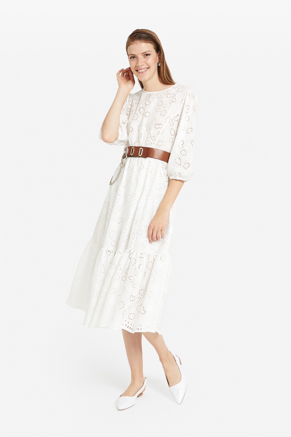 Midi dress with broderie anglaise and ruffle