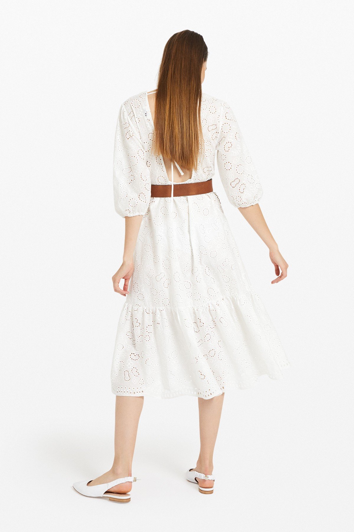 Midi dress with broderie anglaise and ruffle