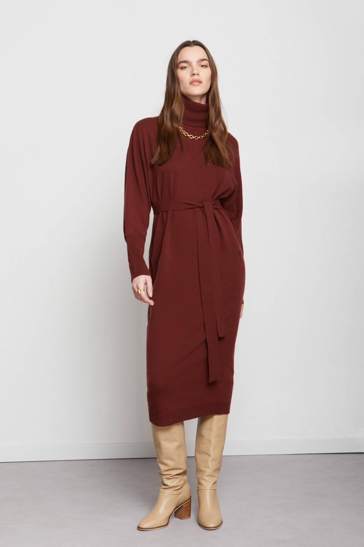 Knitted turtleneck dress with belt