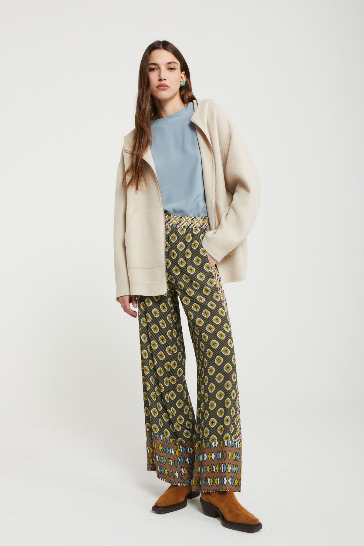 Patchwork printed viscose trousers
