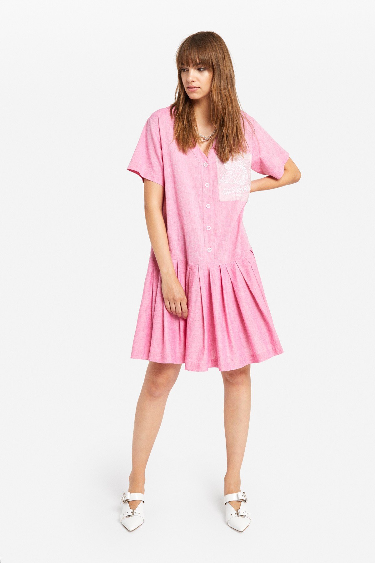 Cotton blend dress with pleated skirt