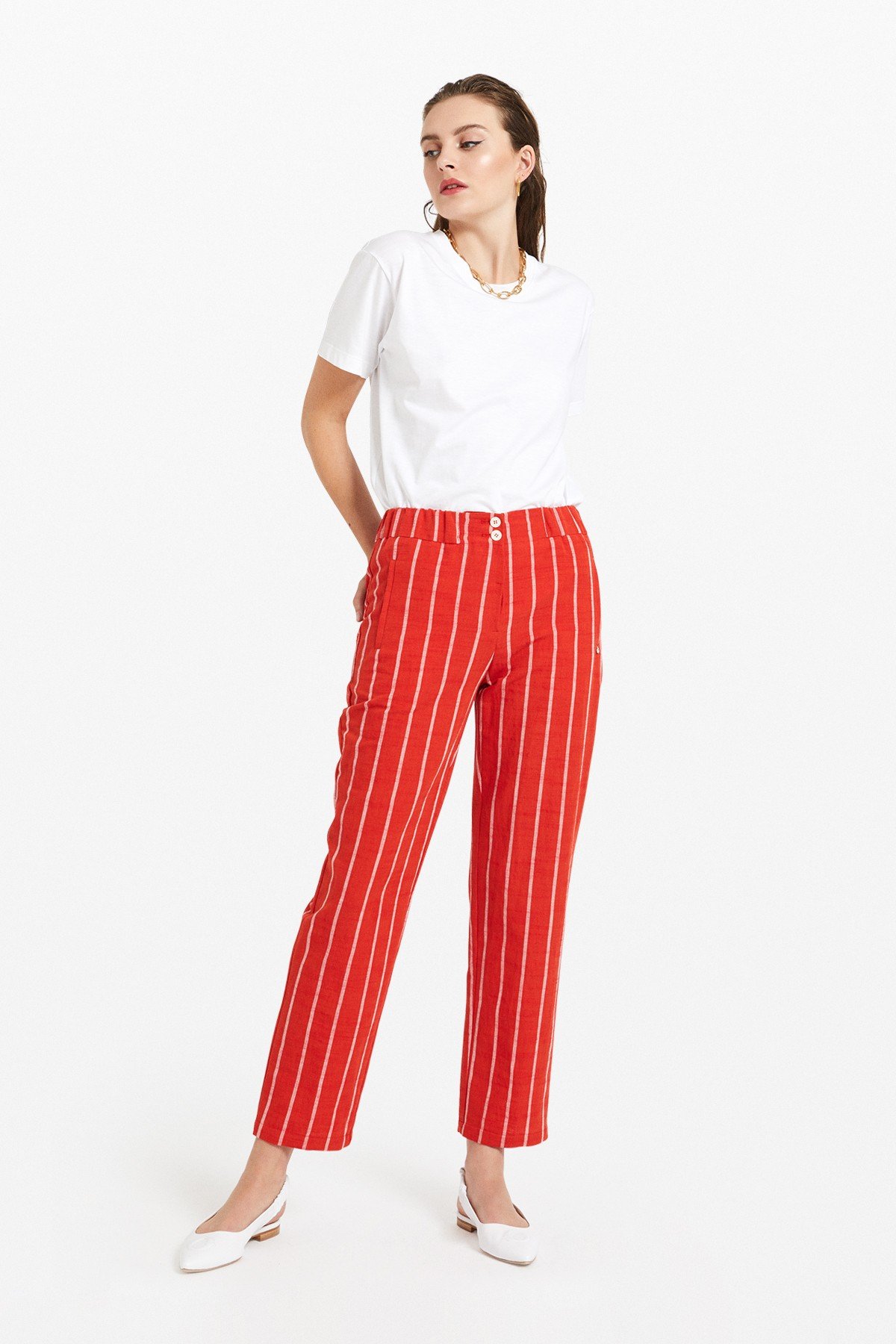 Striped cotton blend trousers