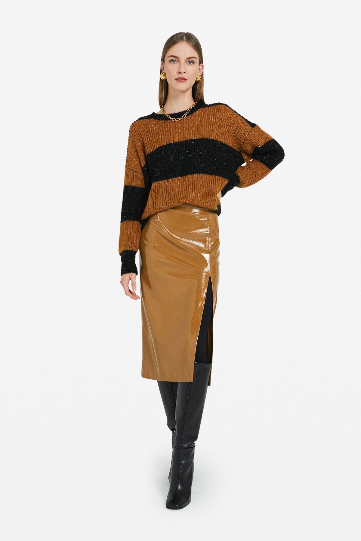 Patent leather midi skirt