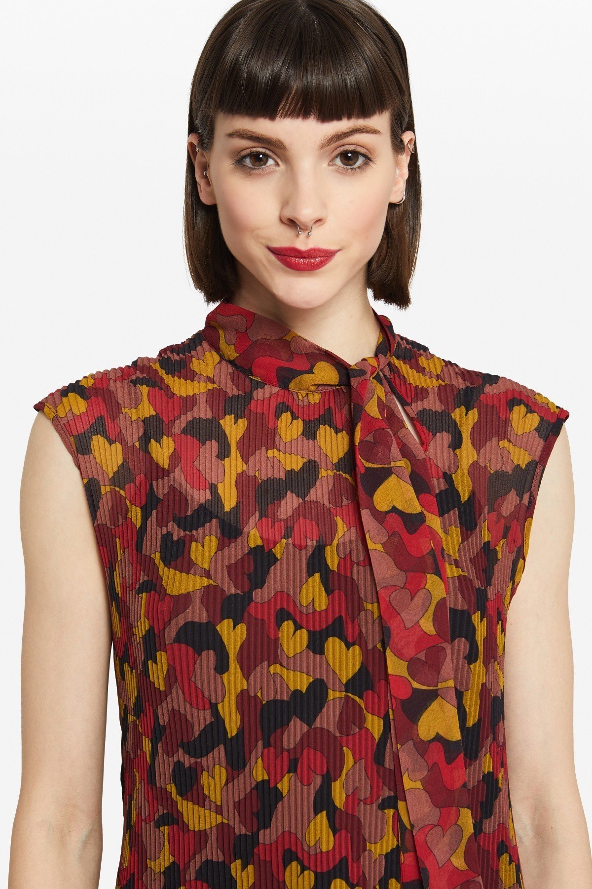 Patterned top with foulard neckline