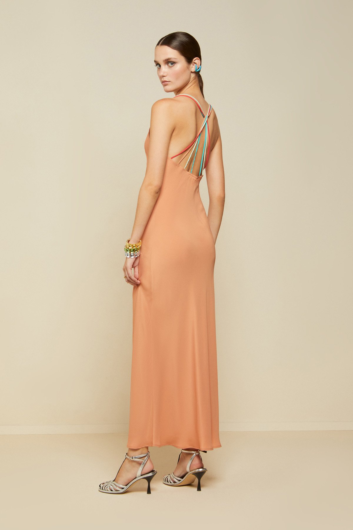 Silk blend long dress with contrasting straps