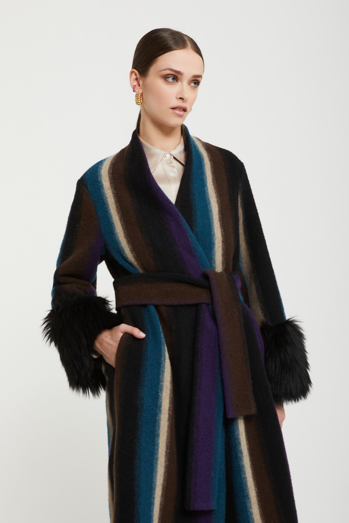 Wool-blend coat with faux fur