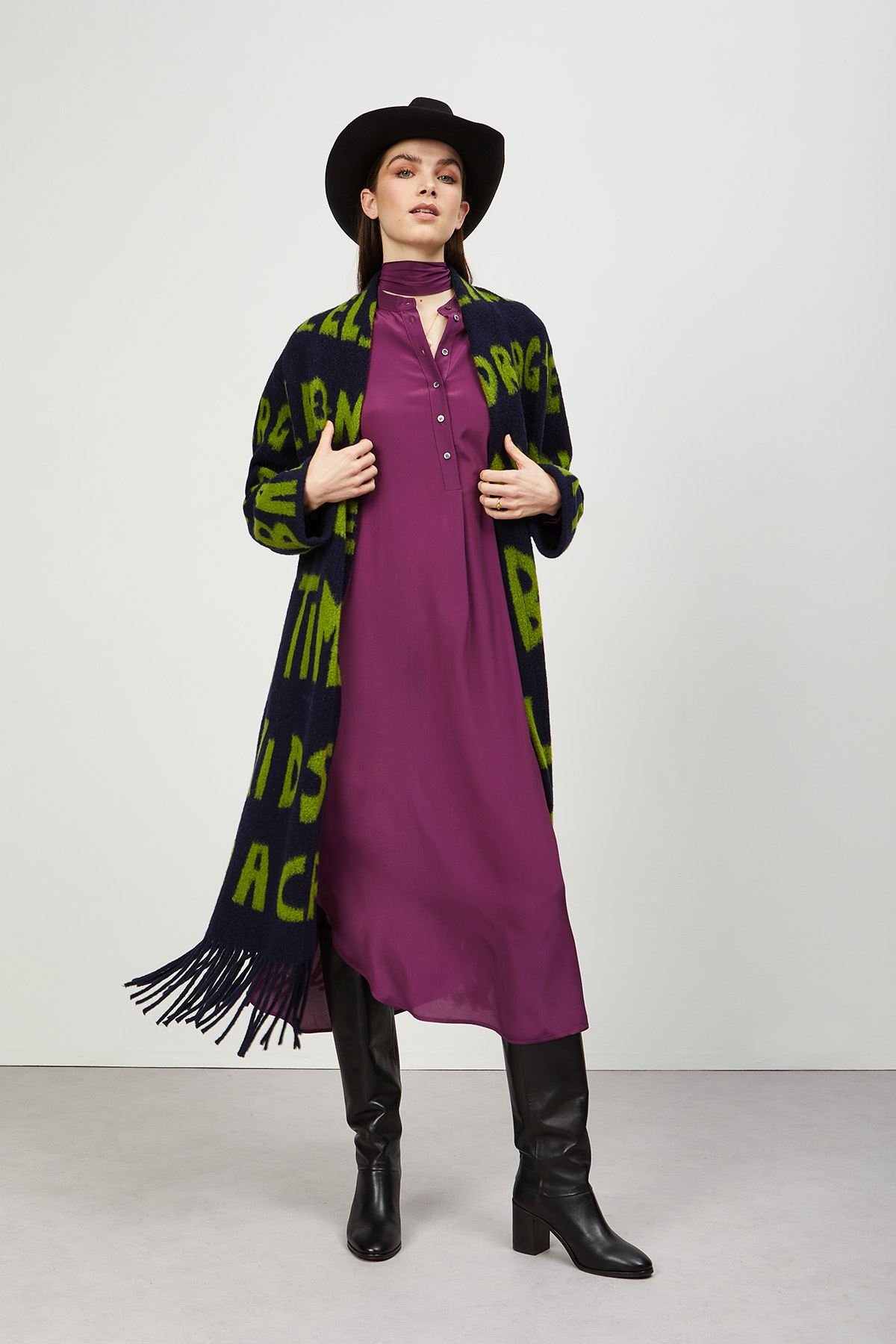 Wool-blend coat with fringes