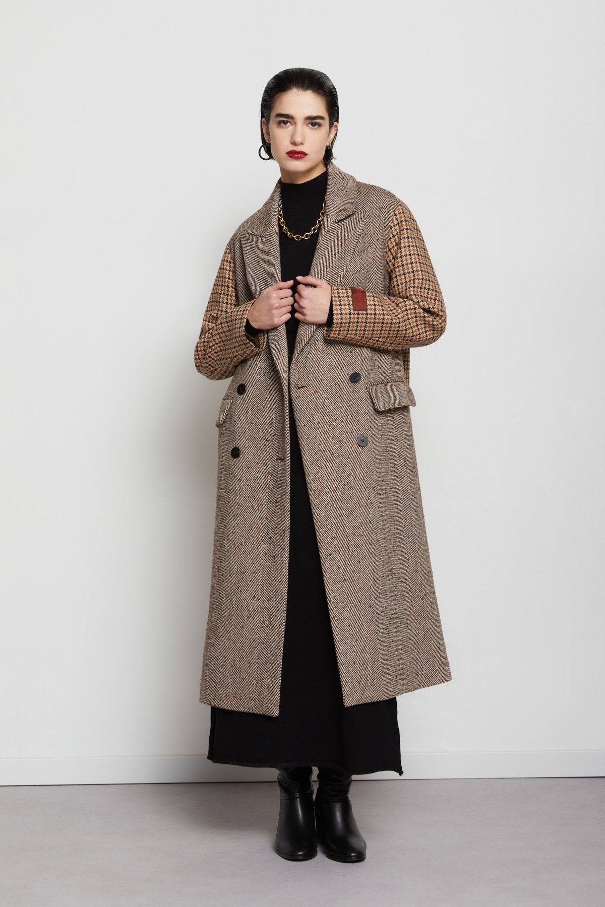 Wool-blend coat with contrasting sleeves