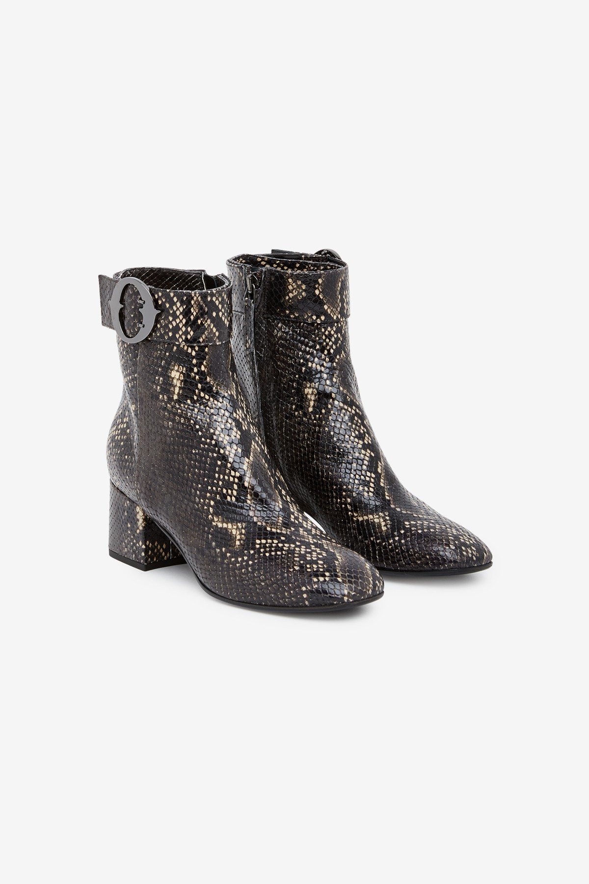 Printed leather ankle boots with python effect