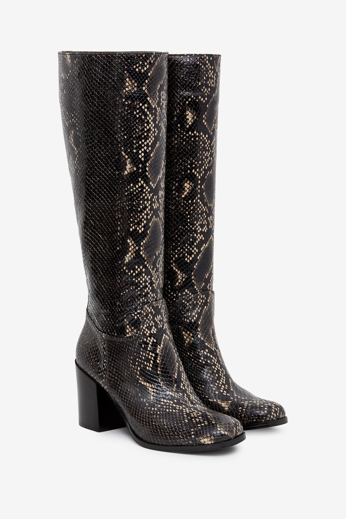 Printed leather straight leg boots with python effect