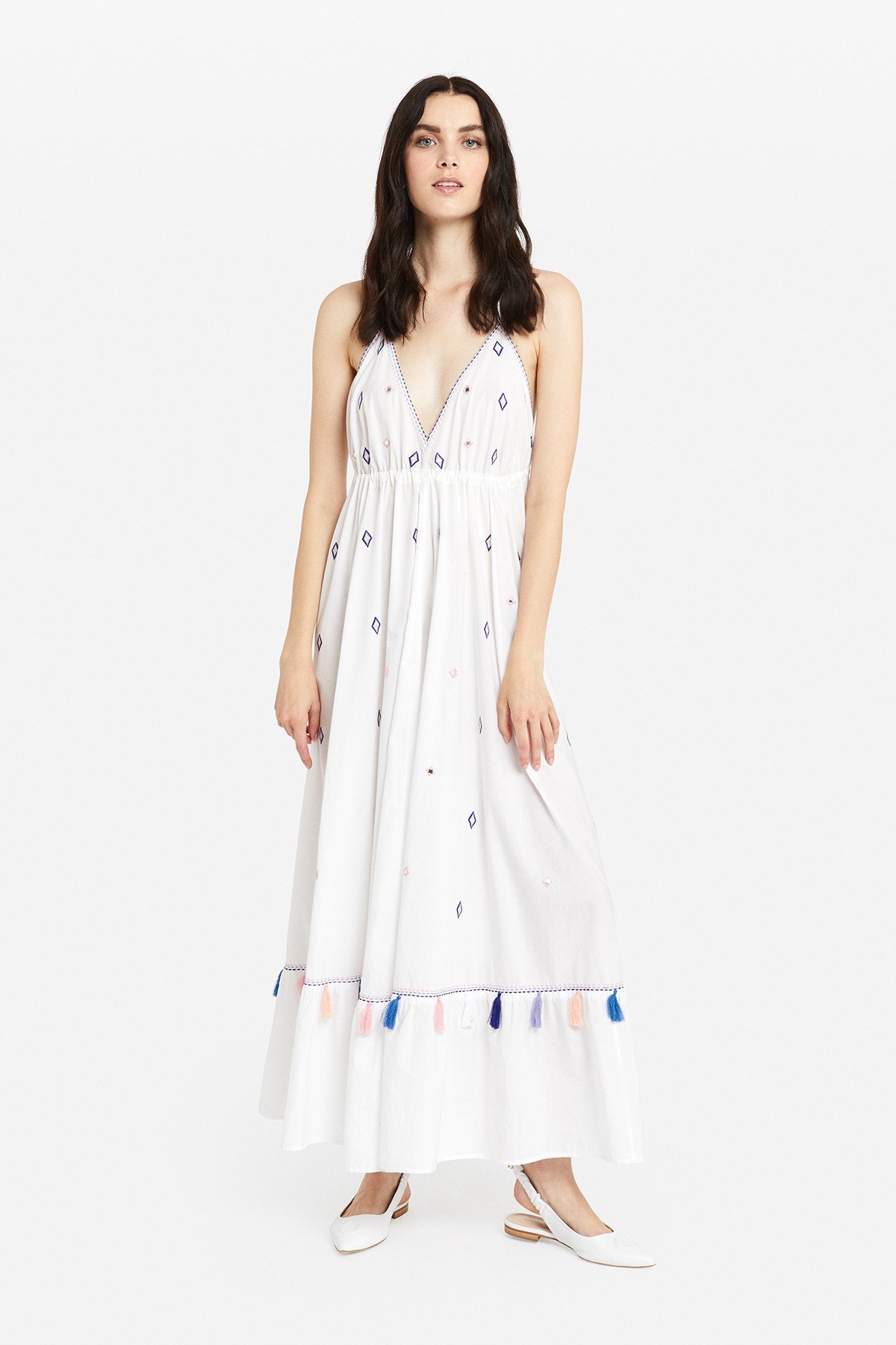 Cotton long dress with appliques and tassels